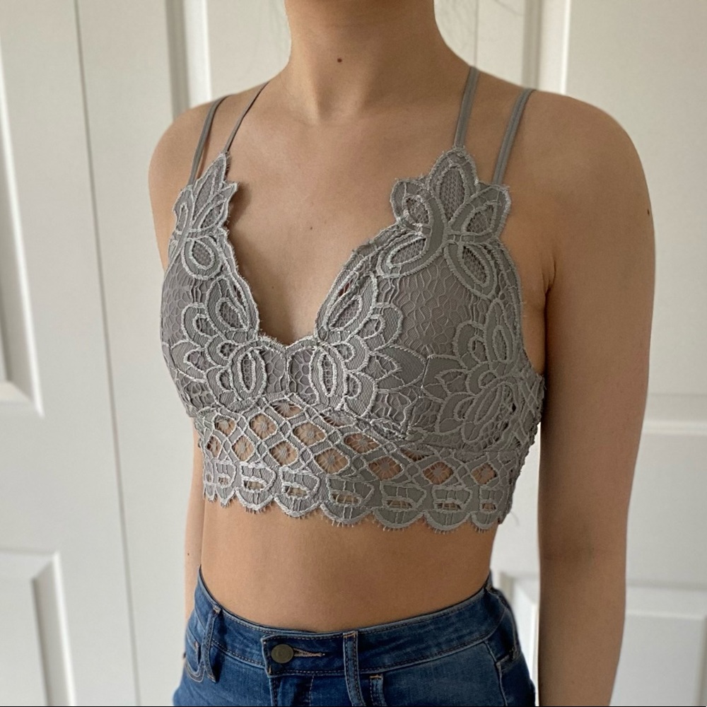 LACEY - Grey V Neck Criss Cross Back Soft Lace Bralette